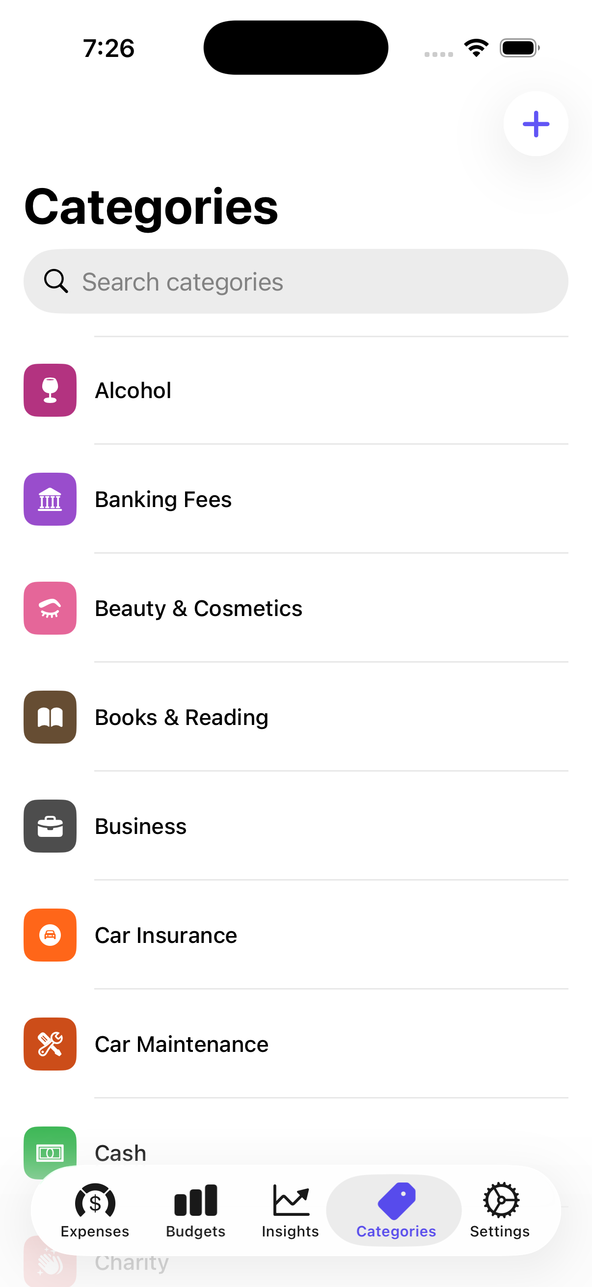 Custom categories with colorful icons