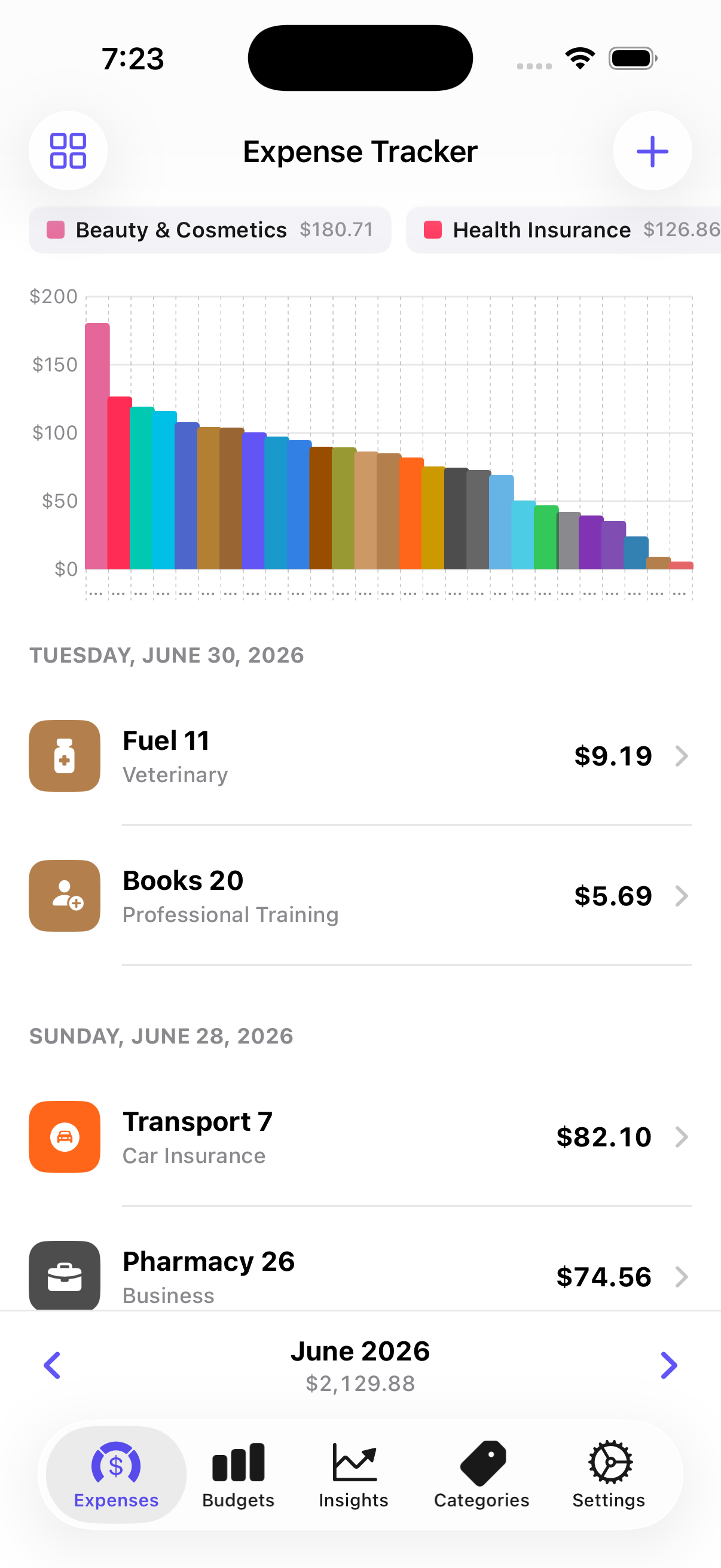 ExpenseFlow expense tracker showing daily expenses with chart
