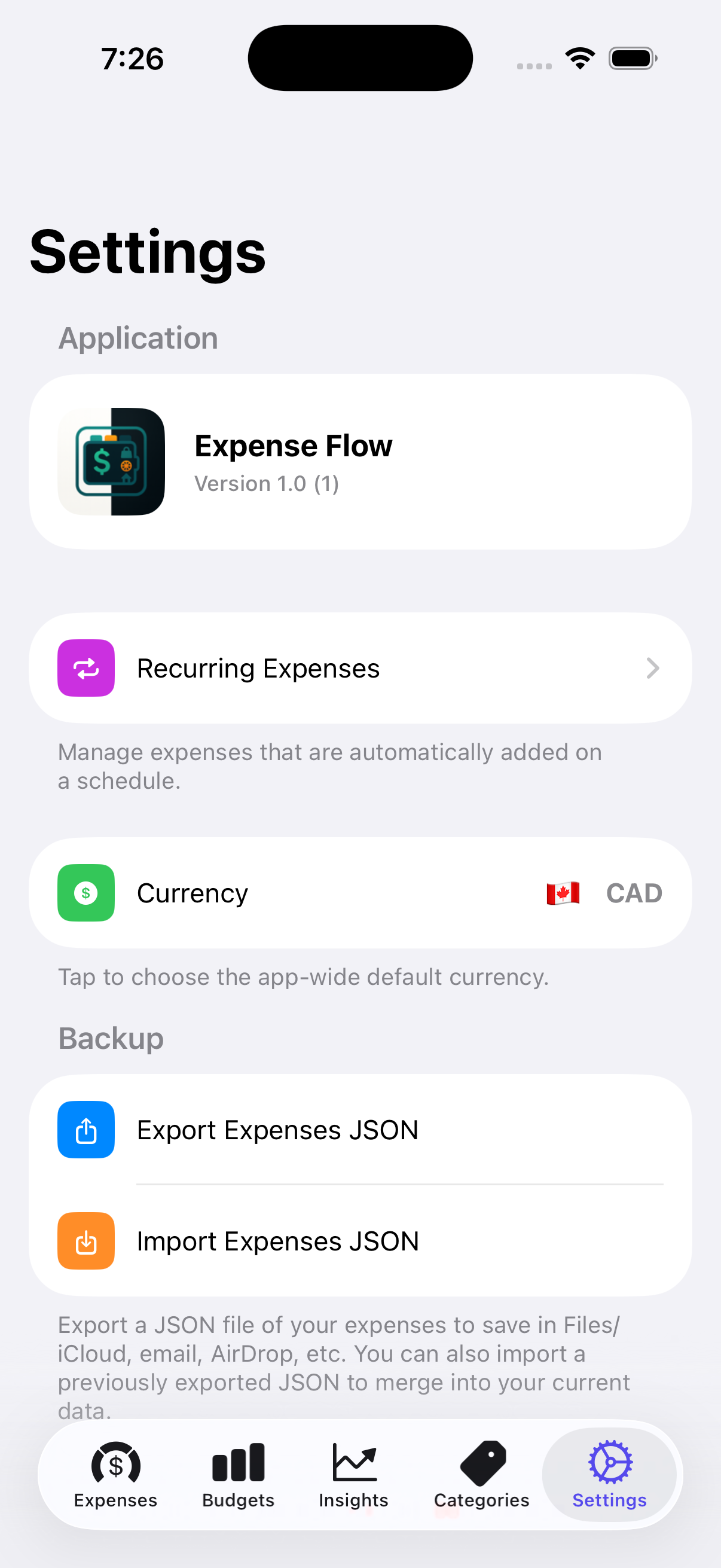 Settings with currency, backup, and recurring expenses